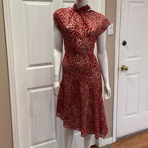 Reiss Red Velvet Devore Dress Asymmetrical Hemline